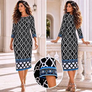 INC International Concepts Black and White Geo-Print Midi Dress with Blue Trim
